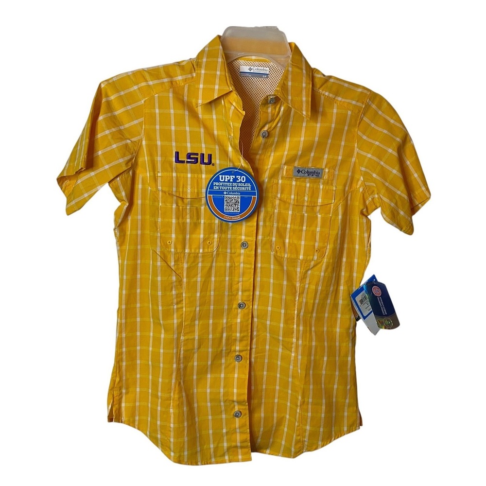 Columbia PFG LSU Tigers Shirt Womens Small Gold Plaid UPF 30 Vented Button Down